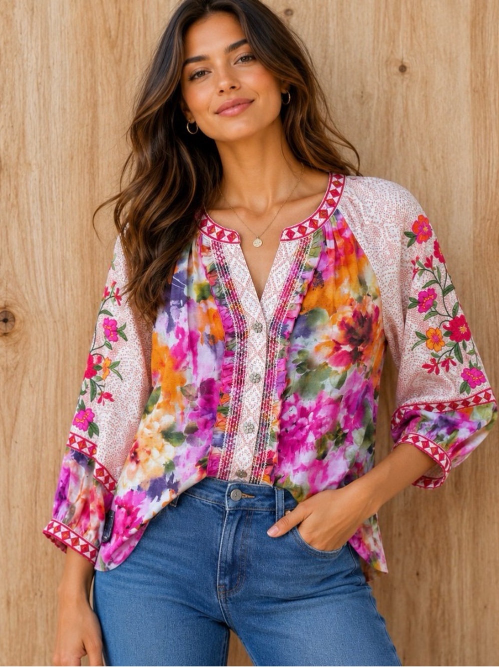 John Mark Floral Embroidered Boho Peasant Blouse XS NWT